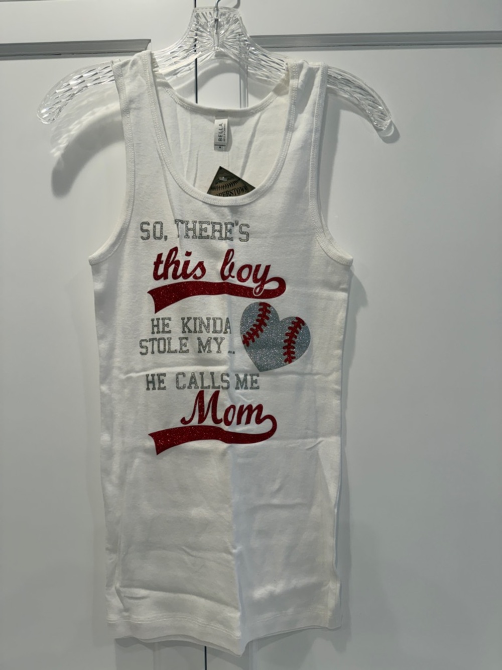 White Womens' Tank Top - 'This Boy He Calls Me Mom' Glitter Graphic-Baseball Mom